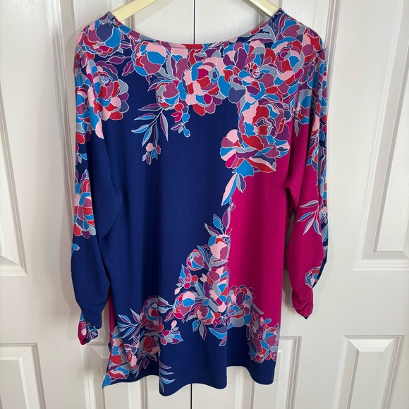 Susan Graver Fuchsia Blue Floral Liquid Knit Stretch Tunic Ruched L/S Sz 1X Top - Picture 4 of 9